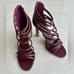 Chanel Coco Tower Cage Burgundy & Gold Sculptural Chain High Heel Sandals 38.5